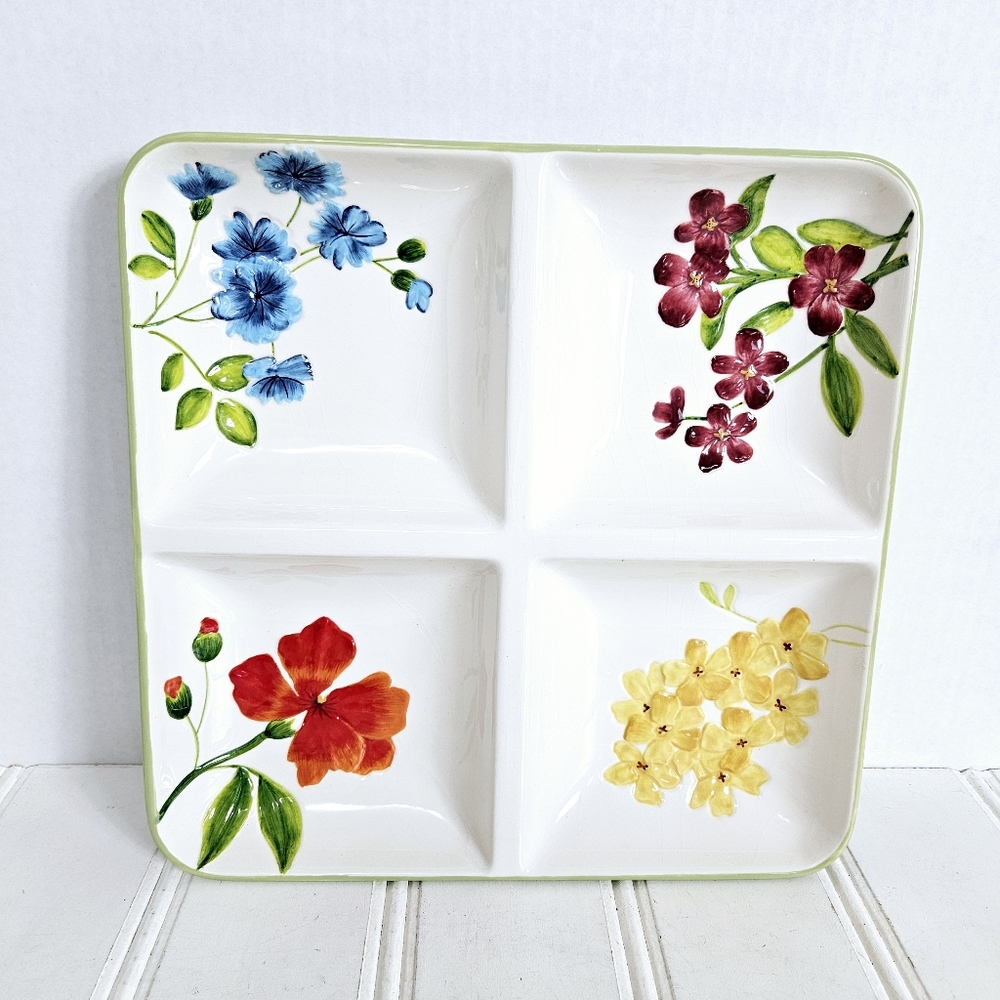 Home Studio 4-Part Square Divided Earthenware Platter Garden Bouquet